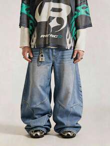 1pc Men's Distressed Vintage Wash Loose Fit Patchwork Design Straight Leg Jeans (Belt And Accessories Not Included) - Light Wash - View 1