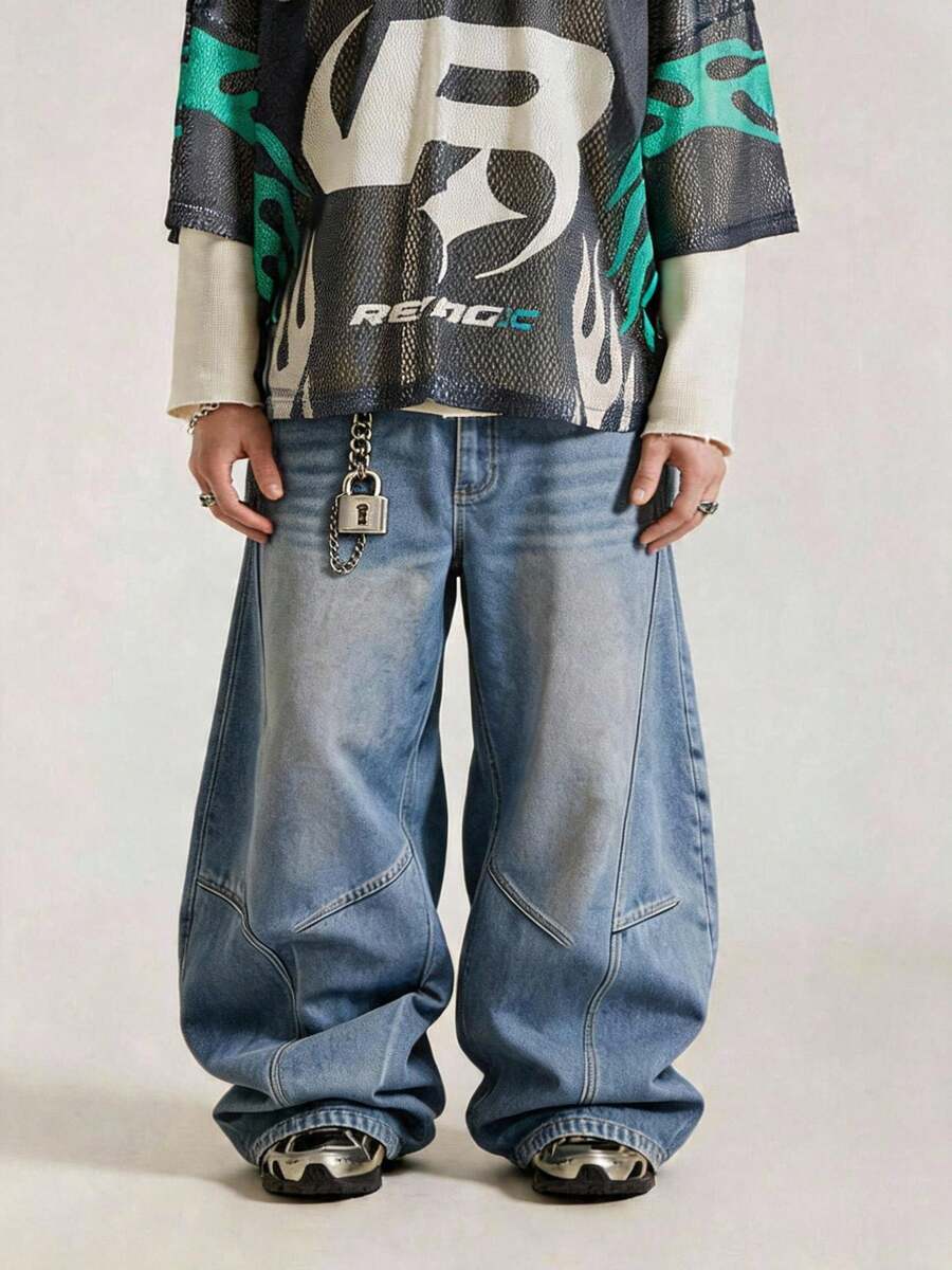 1pc Men's Distressed Vintage Wash Loose Fit Patchwork Design Straight Leg Jeans (Belt And Accessories Not Included) - Light Wash - View 1