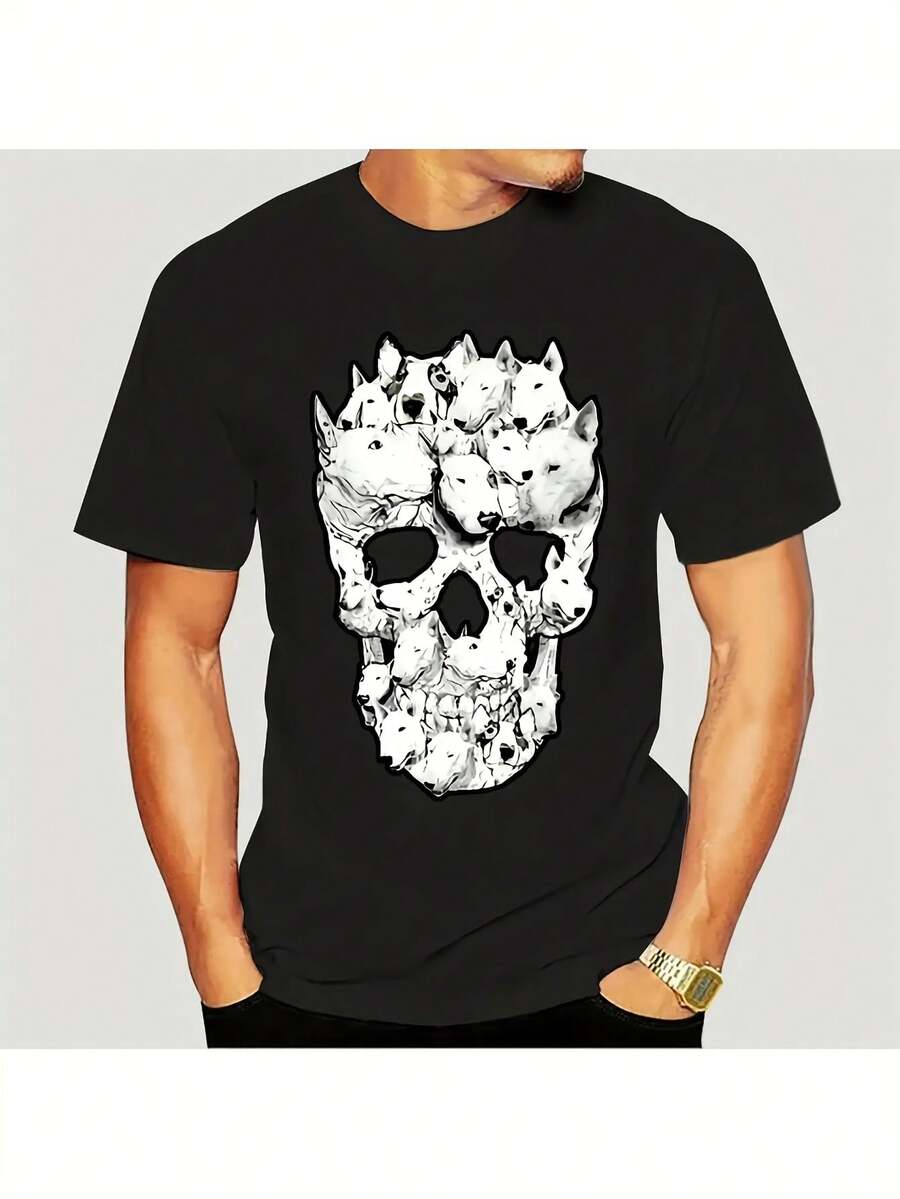 New Model For 2026New Model For 2026the New Model Of 2026Men's Bull Terrier Skull& Crown Graphic T-Shirt- Oversized Tagless Streetwear Tee, Black& White Harajuku 2024 Style, Loose Fit Casual - 黑色 - 查看 1