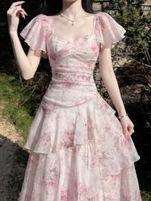 Women's Romantic Pink Floral Evening Cocktail Dress With Ruffle Hem, Elegant For Graduation Prom, Tea Party, Wedding Guest, Holiday Beach Fall - Baby Pink - View 6