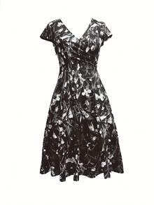 Midi Dress With Pocket And V-Neck, Elegant Floral Print For Spring, Summer And Autumn - 黑色 - 查看 6