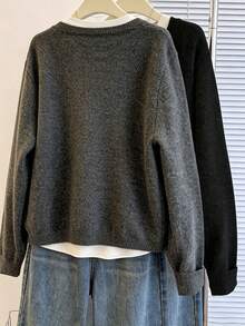 Plus Size Women's Elegant Solid Color Knit Cardigan With Pockets, Casual Slouchy Comfortable Autumn/Winter Knit Outerwear Fall - Grey - View 2