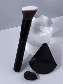 3pcs Makeup Tool Set With Large Powder Brush, Triangle Powder Puff, Mini Makeup Sponge, Black Wooden Handle, Full Set For Setting And Base Makeup, Multi-Functional Makeup Kit - Black - View 5