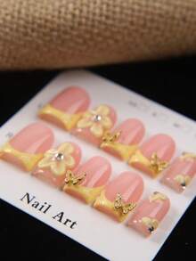 10pcs Short Square Cute Summer Press-On Nails, Nude Pink And Yellow French Manicure, 3D Flower And Butterfly Rhinestone Decor, Handmade Acrylic Fake Nails For Women And Girls Daily, Party, Date Wear And Gift - Yellow - View 2
