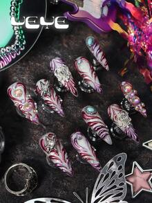 10pcs Stiletto Press On Nails,Silver Glitter,3d Metallic Purple Red Elements,Rhinestone Decor,Stone,Star,Heart, Full Cover Fake Press On Nails Set, Nail Art For Women & Girls,For Daily,Leisure,Vacation,Wedding,Holiday,Party Nail Supplies - Silver - View 5
