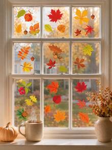 Warm Tone Thanksgiving Static Window Stickers, Leaf Window Decals, Double-Sided Maple Leaf Stickers, Suitable For Cabinet Doors, Bathroom Glass Windows, Home Decor, Electrostatic Adhesion - Maple Leaves - View 4