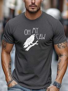 2026 Women's Blouses, Men's Plus Size T-Shirt, Relaxed Casual, Simple And Elegant, Men's OH MY CAW Crow Print Crew Neck Short Sleeve T-Shirt - 深灰色 - 查看 1