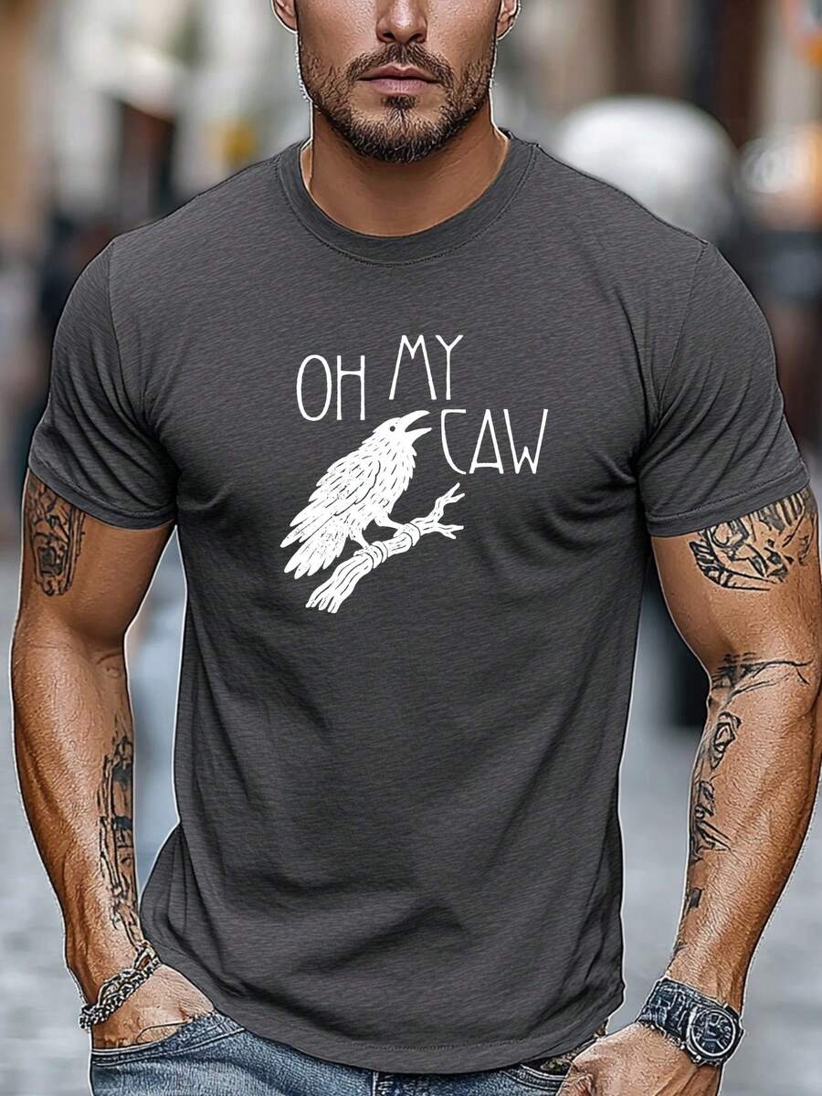 2026 Women's Blouses, Men's Plus Size T-Shirt, Relaxed Casual, Simple And Elegant, Men's OH MY CAW Crow Print Crew Neck Short Sleeve T-Shirt - 深灰色 - 查看 1
