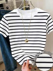 Resyla Women's Short Sleeve T-Shirt With Round Neck And Striped Print, Suitable For Summer Holidays And Everyday Wear - 多色 14 - 查看 1