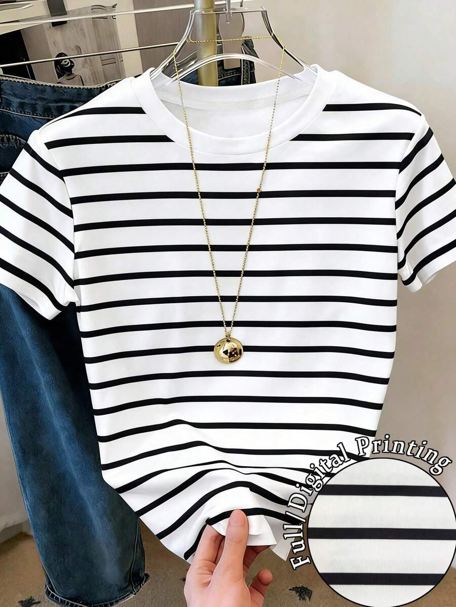 Resyla Women's Short Sleeve T-Shirt With Round Neck And Striped Print, Suitable For Summer Holidays And Everyday Wear - 多色 14 - 查看 1