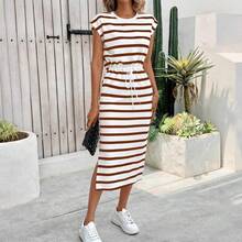 Nuevo vestido midi a rayas de manga corta para primavera/verano: estilo elegante y corte que estiliza la figura. - Blanco - Ver 4