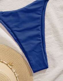 Women's Bikini With Thick Straps, Ruched Detail, High-Cut Bottom, Beachwear, Summer Style - Blue - View 7