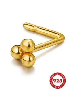 lunastudio 1 pieza de pendiente de nariz minimalista de plata de ley 925 chapada en oro de 18K con 3 bolas y barra en L, adecuado para el uso diario de las mujeres - Dorado - Ver 3