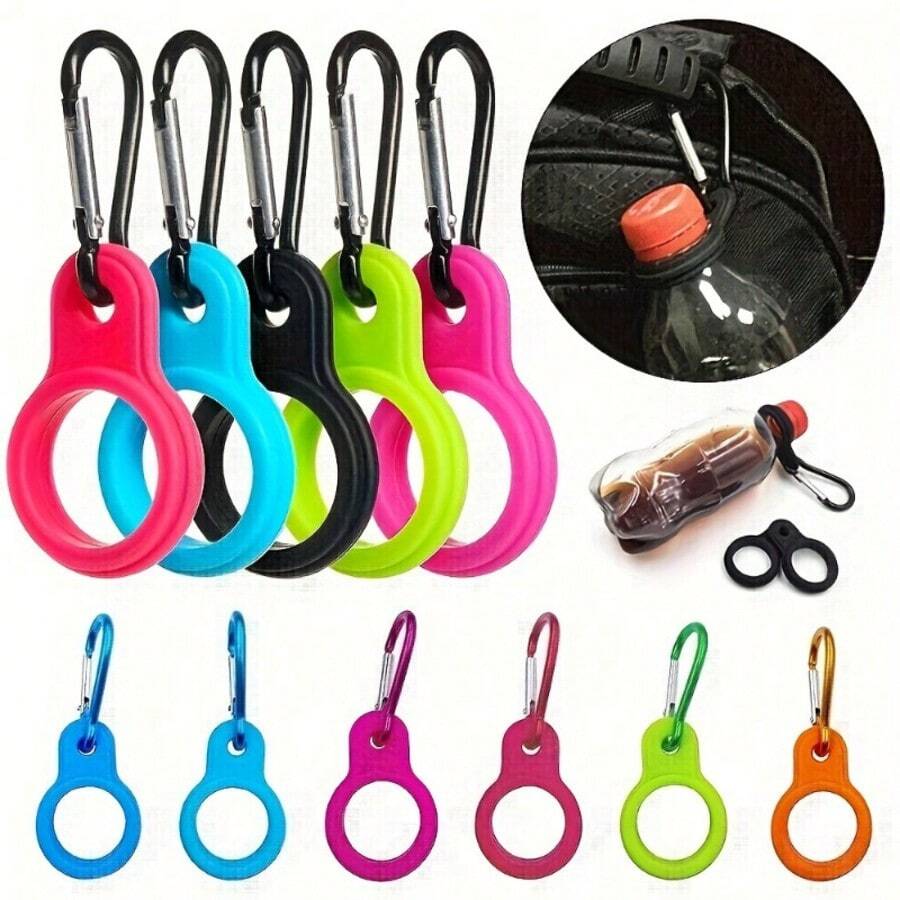12pcs Multicolor Random Silicone Water Bottle Hooks, 6 Silicone Rings + 6 Aluminum Alloy Carabiner Clips, Non-Slip Portable Outdoor Water Bottle Hanging Clips, Hiking Camping Travel Commuting Student Backpack Water Bottle Portable Hanging Ring Accessories