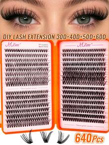 Conjunto de Extensão de Cílios Falsos Feito à Mão com 640 Aglomerados, Grande Capacidade Reutilizável D Curl 8-16mm, Adequado para Iniciantes DIY em Casa, Conjunto de Extensão de Cabelo D Curl Divertido e Extensão de Cílios com Aglomerado Único, Presente Perfeito para Amigos e Família - D - Visão 2