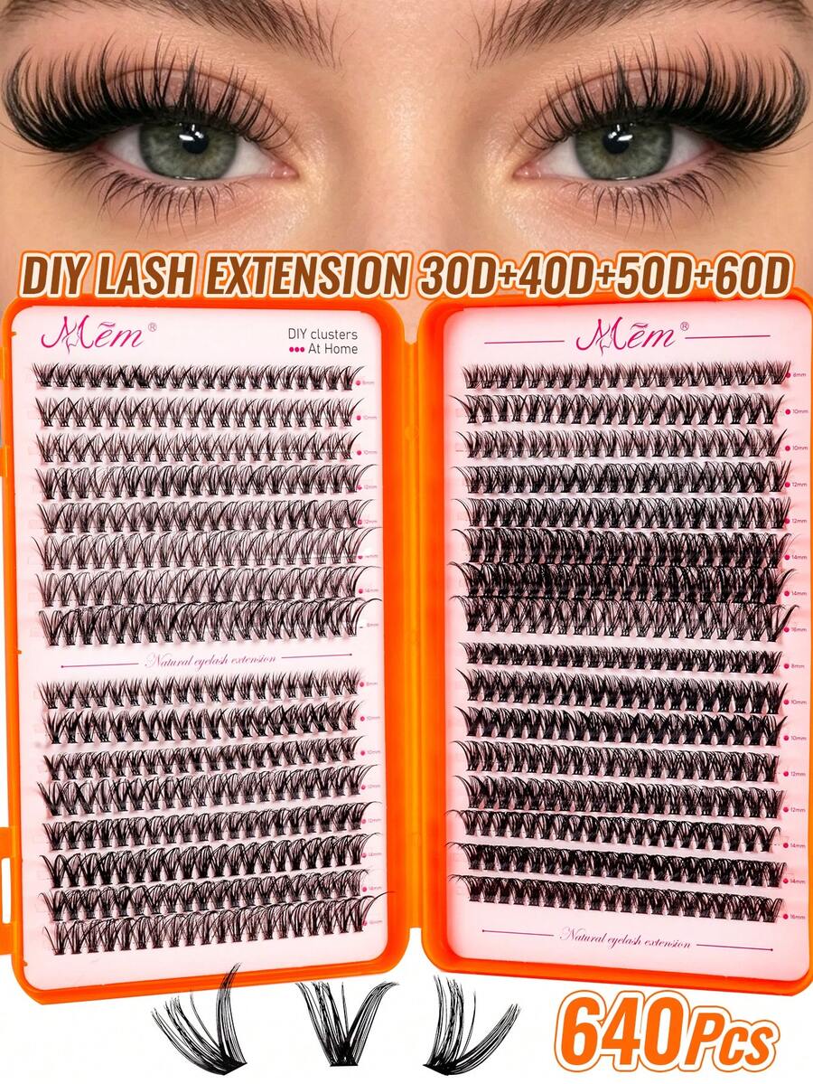 Conjunto de Extensão de Cílios Falsos Feito à Mão com 640 Aglomerados, Grande Capacidade Reutilizável D Curl 8-16mm, Adequado para Iniciantes DIY em Casa, Conjunto de Extensão de Cabelo D Curl Divertido e Extensão de Cílios com Aglomerado Único, Presente Perfeito para Amigos e Família