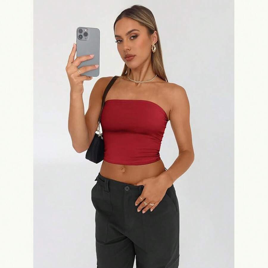 European And American Style Strapless Top For Women, Sheer And Sexy, Summer Sleeveless Top, Women's Fitted Clothing. - 114紅色 - 查看 1