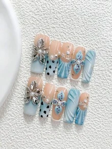 10件夏季海灘風手工穿戴甲，Polygel美甲套組，花卉、貝殼與海星設計，銀色與藍色指甲油，甜美酷感風格，附美甲工具，3種尺寸可選，杏仁、鴨嘴、棺材形，適合派對、跳舞、日常配戴 - 彩色 - 查看 19