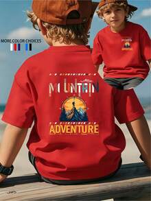 Camiseta de manga corta para niños con estampado de doble cara para senderismo y aventuras al aire libre|Camiseta de verano para niños de estilo retro americano para actividades al aire libr - Rojo - Ver 1