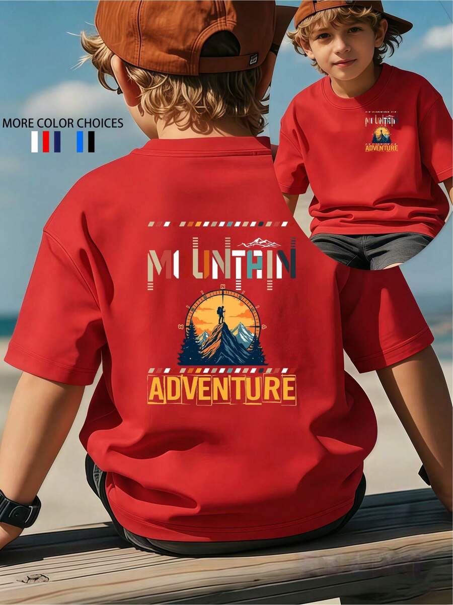 Camiseta de manga corta para niños con estampado de doble cara para senderismo y aventuras al aire libre|Camiseta de verano para niños de estilo retro americano para actividades al aire libr - Rojo - Ver 1