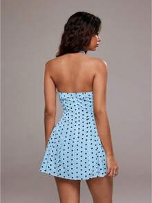 Women's Short Dress With Deep V-Neck And Open Back, Polka Dot Print, Vacation Style, For Summer - Biru - View 2