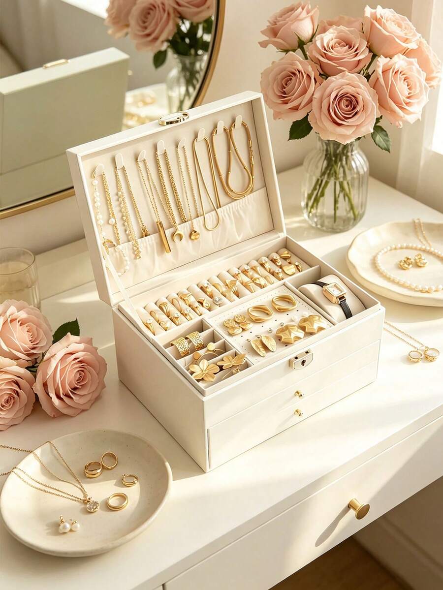 1pc Large Capacity Multi-Layer Leather Jewelry Storage Box With Lock, Compartmentalized For Necklaces, Earrings, Watches, Home Vanity, Travel Portable Jewelry Organizer, Luxury Exquisite Jewelry Storage Gift Box