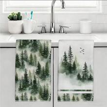 2pcs Foggy Pine Forest Pattern Kitchen Towels, Rectangular Microfiber Kitchen Towels, Dish Cloths, Scouring Pads, Hand Towels, Cooking Baking Tea Towels, Kitchen Decor, Housewarming Gift, Birthday Gift, Bathroom Cleaning Wipes, Decorative Towels - Multicolor - View 10