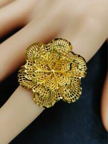1pc Fashion Women's Copper Plated Gold Long Hollow Floral Ring Index Finger Ring European American Middle East Dubai Bride Wedding Banquet Dress Accessory Date Valentine's Day Mother's Day Holiday Gift Hand Jewelry - Yellow Gold - View 3