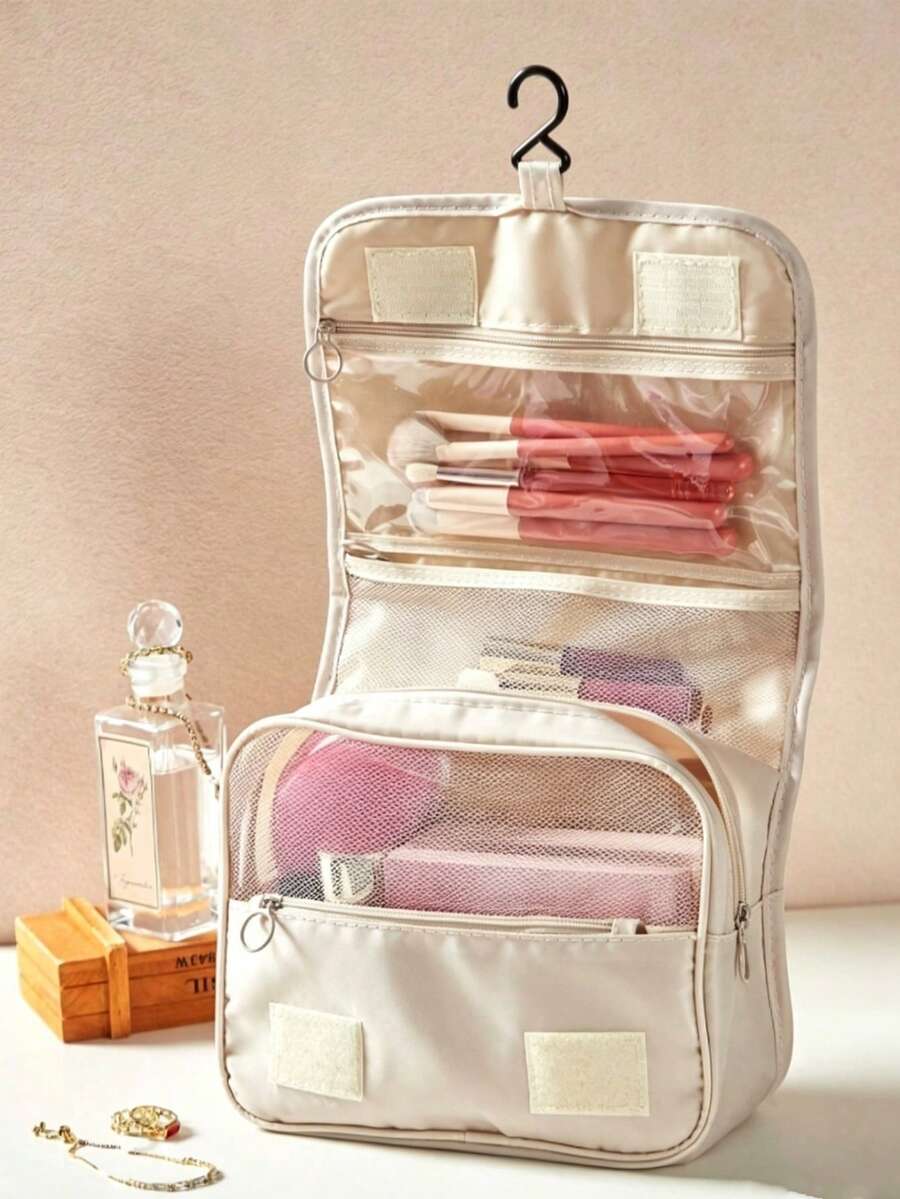 Multifunctional Hanging Makeup Bag/Storage Bag, Large Capacity, Easy To Carry, Perfect Christmas Holiday Gift, Bohemian Style - Beige - View 1
