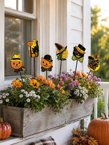 Vintage Halloween Garden Stakes, Pumpkin Lantern Witch Black Cat Yard Decor Signs, Waterproof Halloween Flower Pot Stakes, Suitable For Outdoor Lawn Patio Flower Pot Porch Halloween Party Decoration - Multicolor - View 3