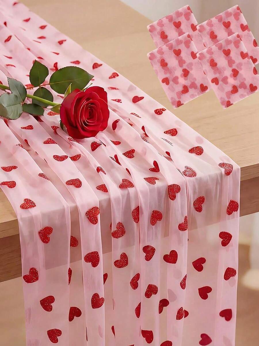 1/4 Piece Valentine's Day Table Runner 70*300cm With Sparkling Hearts Sheer Fabric, Pink Lace Tablecloth Suitable For Valentine's Day, Anniversary, Marriage Proposal Party, Home Candlelight Dinner Decoration - 彩色 - 查看 1