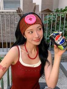 1件大鈕扣條紋髮箍 多巴胺 Y2K 學院風 柔軟彈性寬版髮帶 可愛美學女性日常佩戴髮飾 - 彩色 - 查看 5