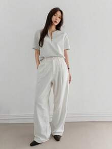 -Less Camiseta de manga corta con media abertura de unicolor y estilo minimalista para mujer, de uso casual y de negocios - Azul marino - Ver 3