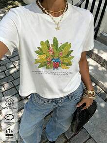 夏季新款圓領 DTMF 圖案修身落肩 T-shirt，度假旅行海灘穿搭 - 白色5 - 查看 4