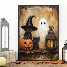 1pc Canvas Wall Art With Frame, Vintage Halloween Theme, Black Cat, Witch Hat, Cute Ghost, Pumpkin Lantern, Glowing Lantern Pattern, Country Style Oil Painting, Pastoral Dark Academia Aesthetic, Suitable For Modern Home Decor, Room Decoration - Black Cat Ghost - View 9