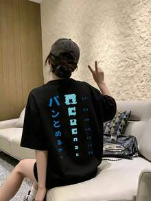 Women's Casual Loose Fit Round Neck Japanese Cartoon Print Short Sleeve T-Shirt, Spring/Summer Black - Black - View 2
