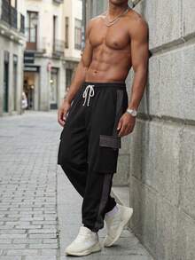 Men's Colorblock Patchwork Cargo Jogger Sweatpants With Drawstring Waist, Multi-Pockets, High Street Casual Sports Long Pants - Black - View 5