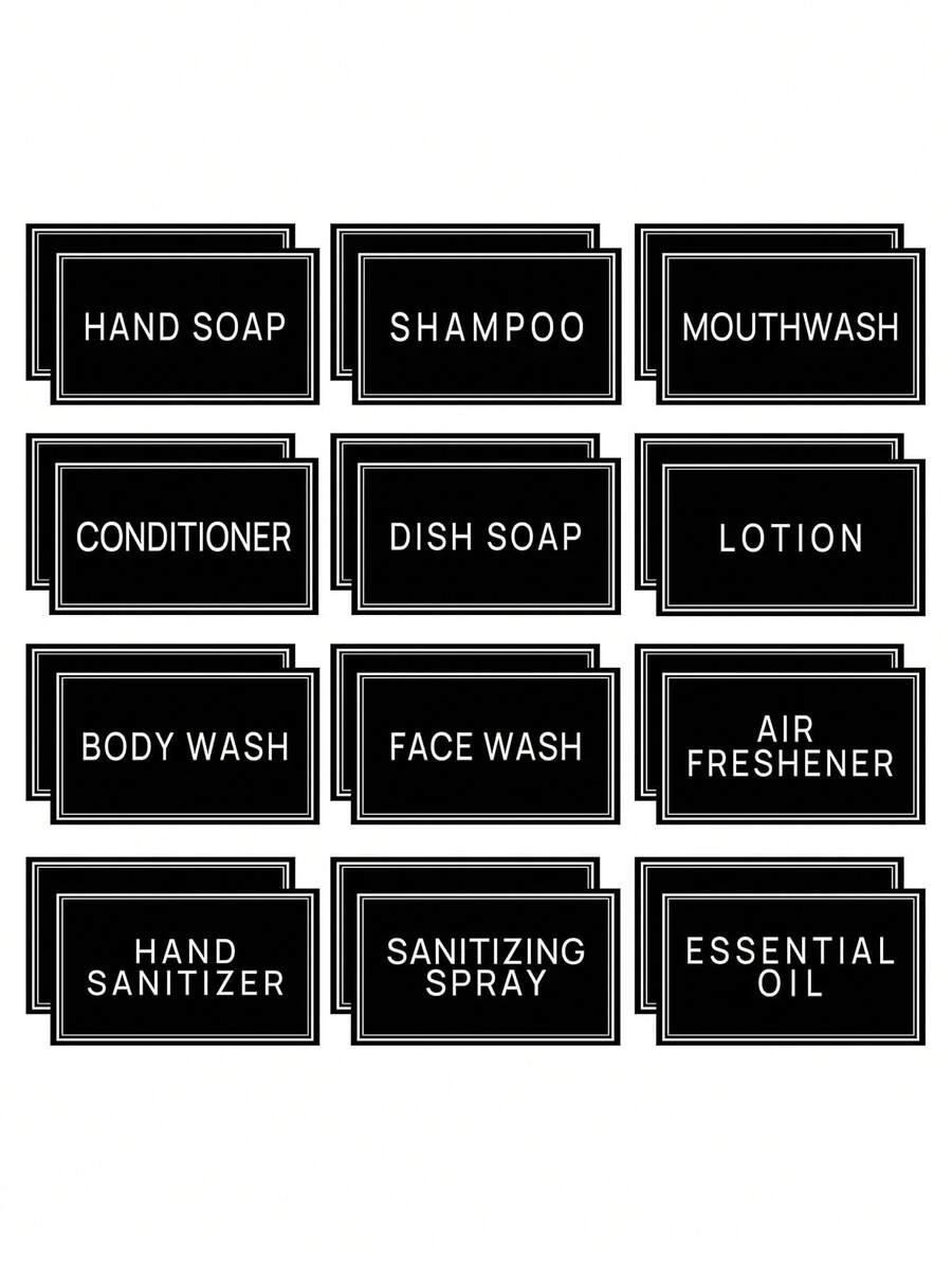 24pcs Waterproof Labels, Suitable For Plastic/Glass Bottles, Bathroom Hand Soap Dispenser Bottle Stickers, Cleaning Bottle Labels, Can Be Used For Lotion, Shampoo, Conditioner - Black 24pcs - View 1
