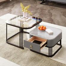 Stackable Coffee Table: High-Gloss Marble Look And Glass Top, Black Legs, Side Table With Drawers In A Set Of 2 - 黑色 - 查看 7