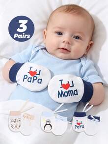 3 Pairs Newborn Anti Scratch Mittens Cute Penguin Tiger I Love Papa Mama Print Adjustable Tie Baby Hand Protection Gloves Daily Infant Essentials - 3 Pairs - View 2