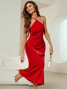 Vestido de fiesta formal con cuello halter sin espalda y tirantes con lazo para vacaciones, cumpleaños y ocasiones especiales - Marrón - Ver 2