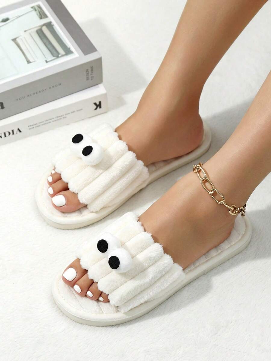 Funny Big Eye Fluffy Slippers, Kawaii Plush Open Toe Slides, Cozy White Indoor Shoes For Women - White - View 1