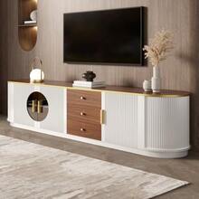 Luxury Style TV Cabinet, Lowboard, Brown Glass, MDF Body, Aluminum Handles, Rounded Edges, Vertical Groove Design - 白色 - 查看 5