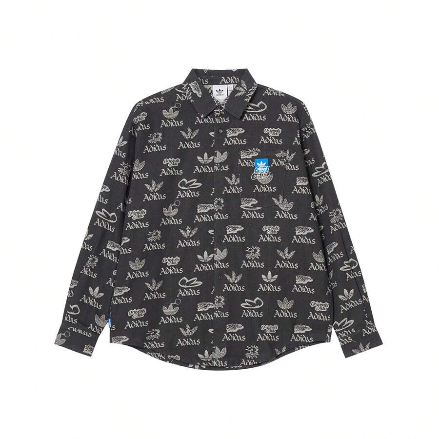 Adidas 男士經典舒適印花運動休閒長袖翻領襯衫,春秋款,JN1663 - 中牛仔黑/白 - 查看 1