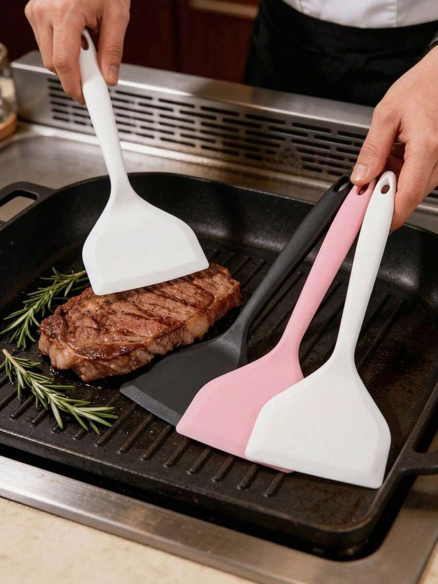 One-Piece Silicone Wide Spatula, Heat-Resistant Non-Stick Pan Turner, Long Heat-Insulated Handle Design; Compatible With Flat Bottom Pans, Cast Iron Griddles, Suitable For Frying Steak, Pancakes, Eggs, Grilled Meat, Soft Silicone Won't Damage Pan Interior, Three-Color Minimalist Highly Attractive Design, Hanging Storage Saves Space, Essential Kitchen Utensil For Home Cooking - Multicolor - View 1