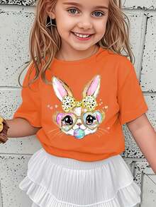 Girls' Short-Sleeved T-Shirt, Spring-Summer Style, With Easter Cartoon Print: Bow, Rabbit, Heart, Colorful Glasses And Bubbles, Versatile Casual Top NY-DX5438 - 卡其色 - 查看 10