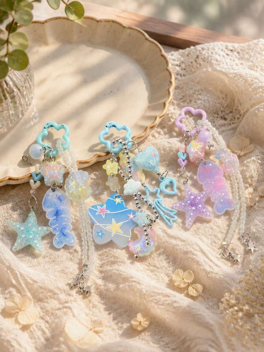 1pc Cute Iridescent Resin Star Keychain, Mixed Color Beads Floral Round Ring Heart Moon Pendant Bag Charm, Cute Teen Backpack Accessory Christmas Gift - Multicolor - View 1