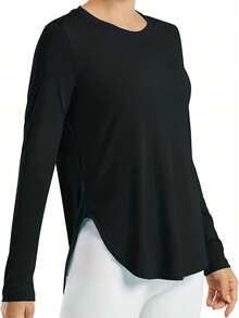 Black Solid Long Sleeve Loose Casual T-Shirt, Sports Top For Fitness, Yoga And Running, Women's Clothing - 黑色 - 查看 2