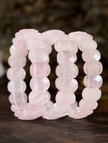 Gelang Rose Quartz Alami, Batu Alam Manis, Kristal Berfaset, Manik-manik Persegi Elegan, Perhiasan Pasangan - Baby Pink - View 5