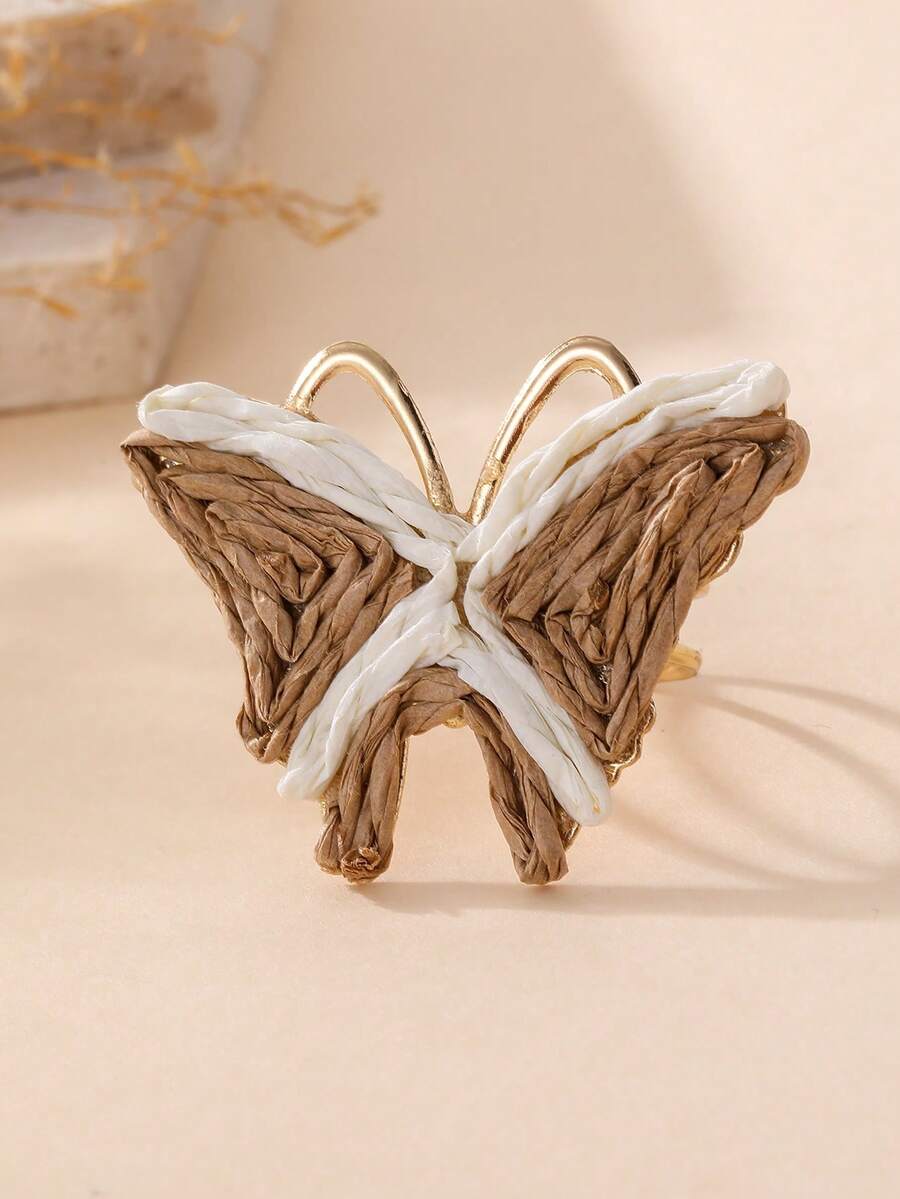 1pc Maillard Color-Block Raffia Butterfly Open Ring, 3D Woven Heart-Shaped Double-Band Ring, Bohemian Vacation Style For Girls, Suitable For Beach Holiday, Campus Daily, Spring/Summer Picnic, Best Friend Travel Photography, Gentle Date Outfit, Autumn Maillard Style, Music Festival Look, Birthday/Valentine's Day Niche Gift, Mori Style Photoshoot - Multicolor - View 1
